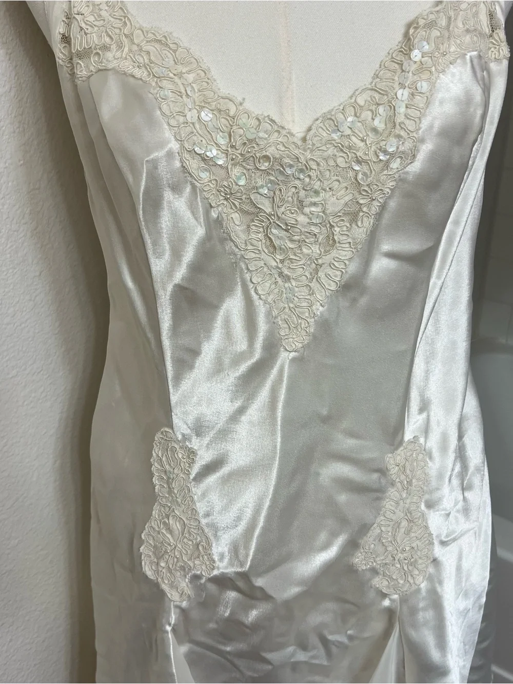 Victoria’s Secret vintage ivory white satin lace slip dress lingerie pearls 90s